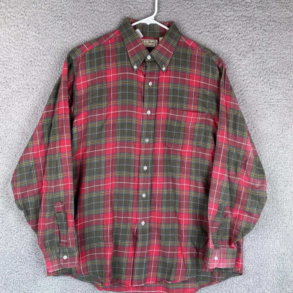 Vintage LL Bean Shirt Mens‎ Large Red Green Plaid Button Down Pocket Casual USA